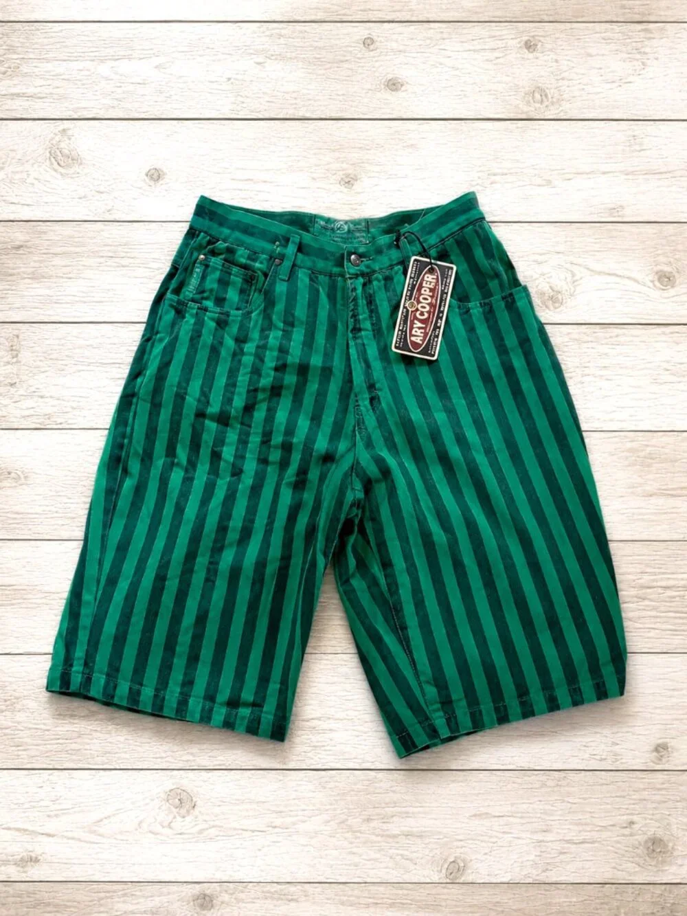 Vintage Ary Cooper Green Black Striped Shorts Men's 34 Cotton 90s Made in Hong K